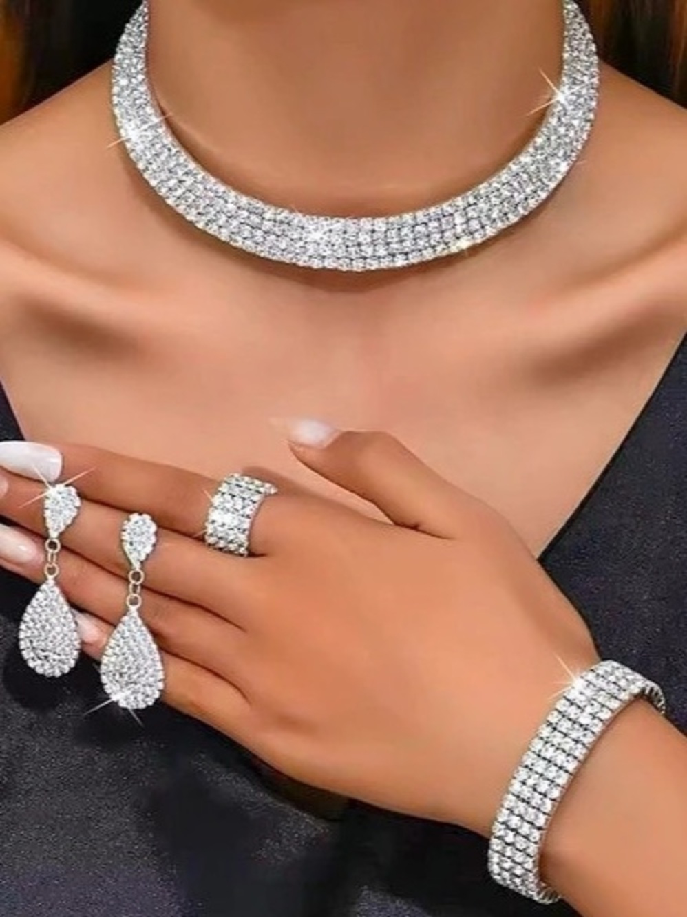 Silver-Tone Rhinestone Jewelry Set